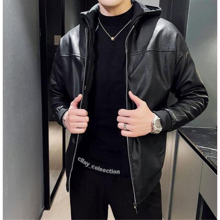 Eiger - Jaket Semi Kulit kombinasi FLeece Viena Topi Kupluk Pria Waterpoof