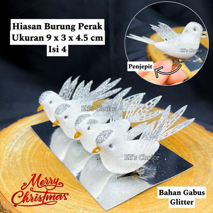 Hiasan Burung Putih Glitter Jepit SET 4 / Burung Merpati Hias Dekorasi Pohon Natal
