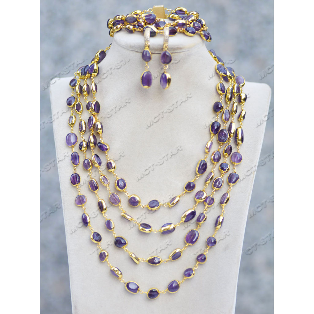 Z11678 Set 4Row Purple Baroque Amethyst Golden Chain Necklace Bracelet Earring Custom Jewelry