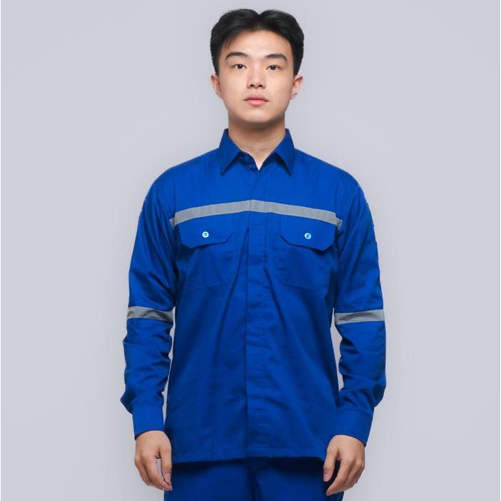 Baju Kerja Safety Wearpack Biru HSE Seragam Lapangan Lengan Panjang K3