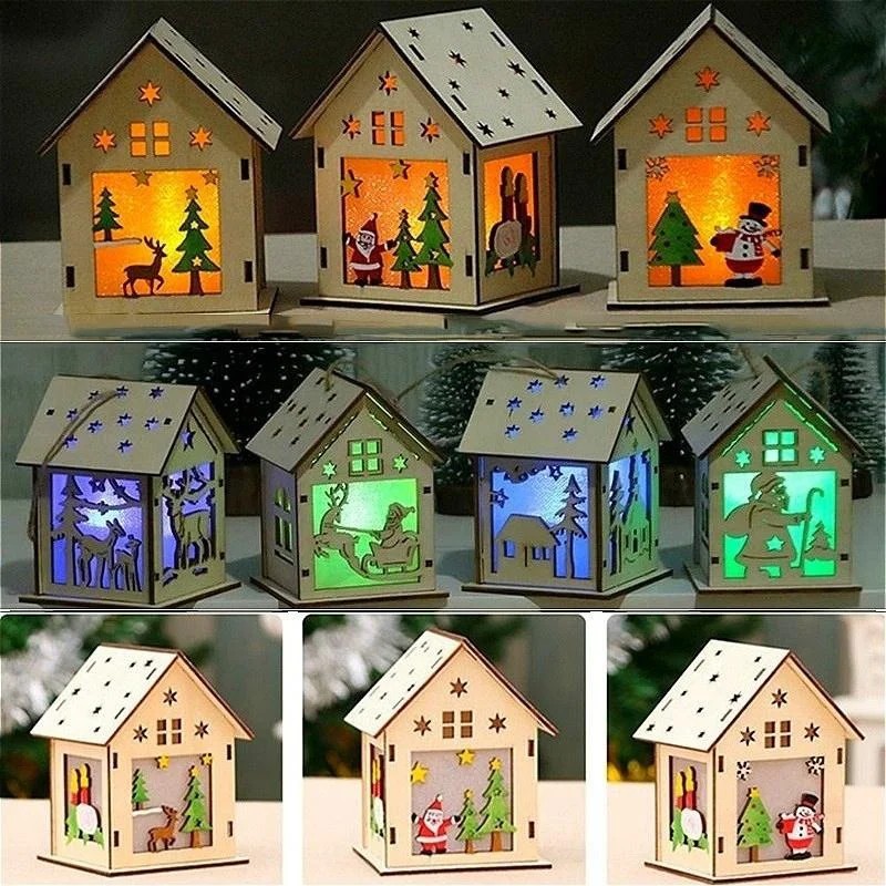 New Christmas Led Light Wood House Cute Christmas Tree Hanging Ornaments Holiday Decoration Home