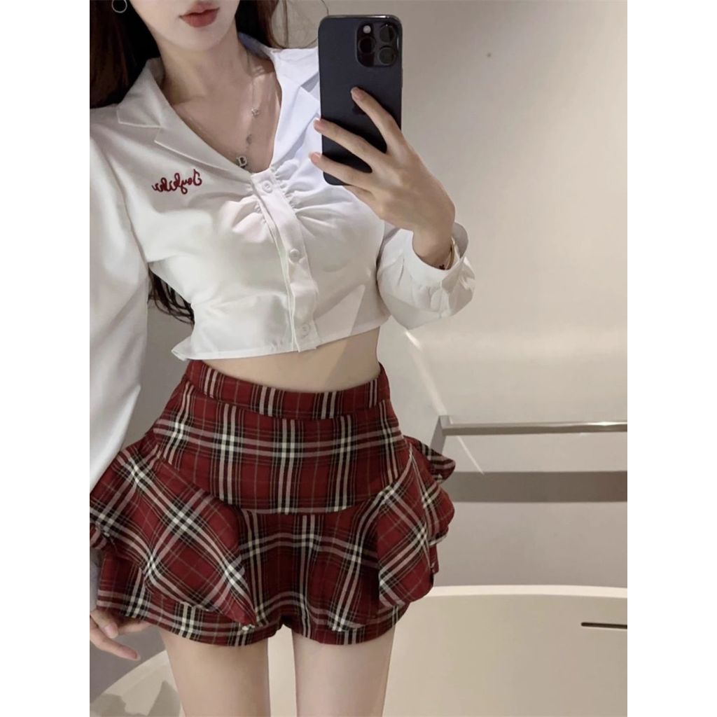 Set Rok Sekolah Wanita Gaya Y2K Blus Pendek Lengan Panjang + Rok Mini Kotak-Kotak 2 Pcs Ukuran S M L