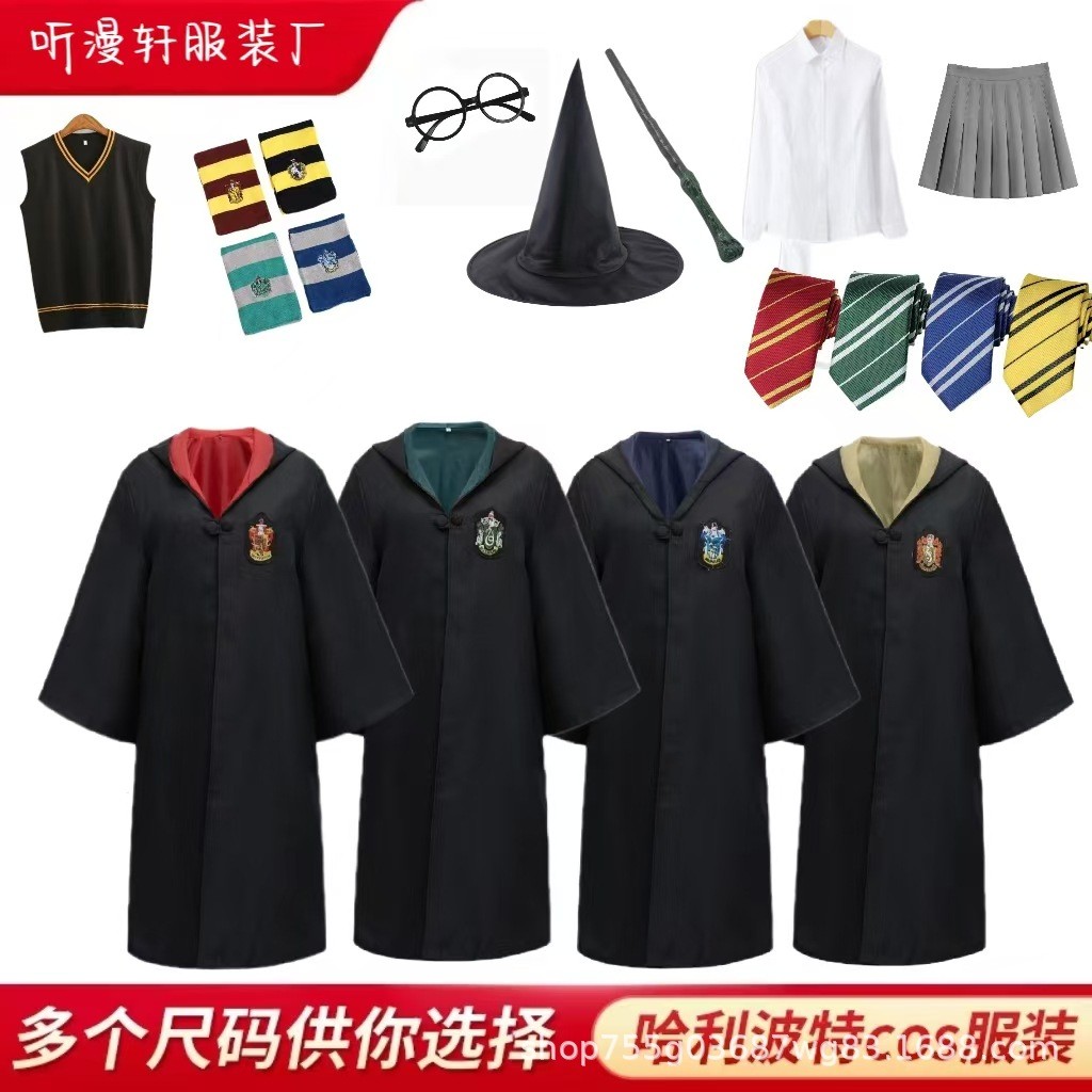Jubah Sihir Harry Potter Kostum Cosplay Hogwarts Jubah Bertudung Lengkap Setelan Sekolah dengan Akse