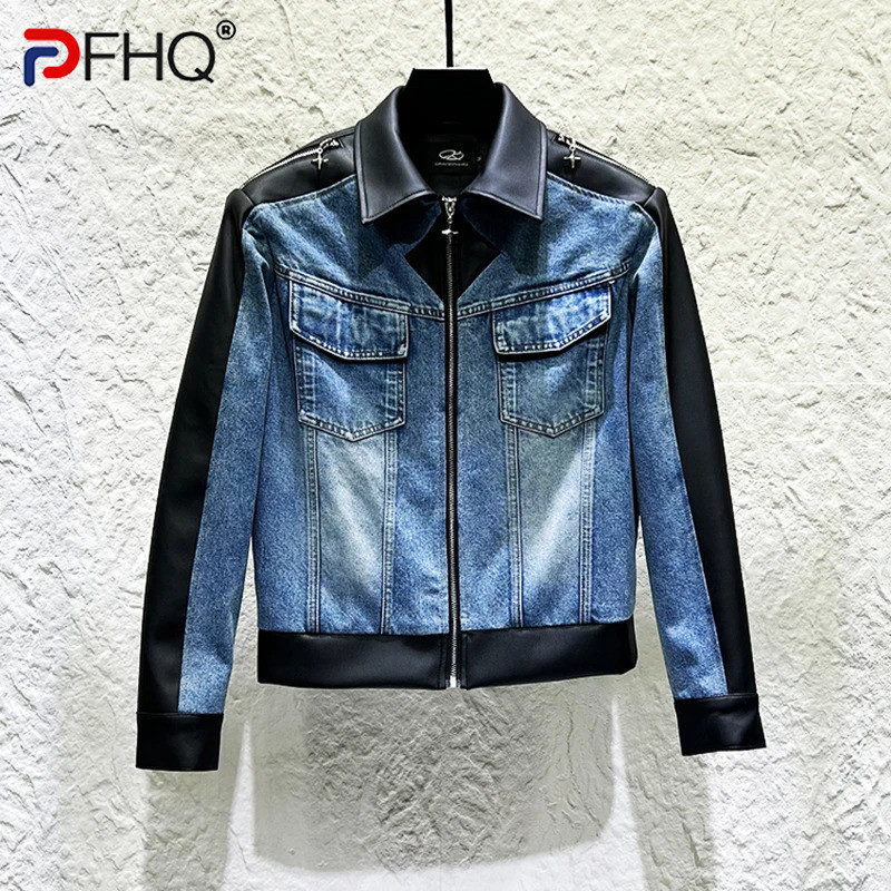 PFHQ Trend New Men Denim Jacket Personality Patchwork Color-Block Design Fashion Cool Short Leather