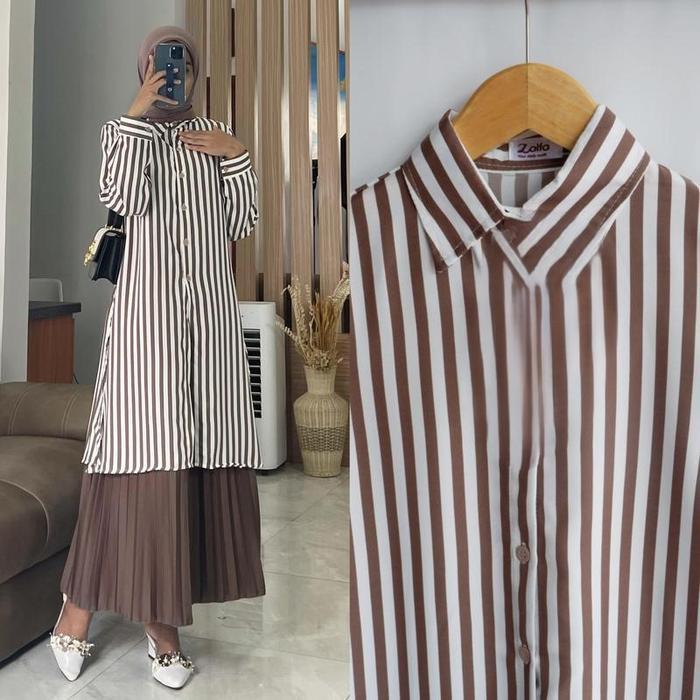 New- Atasan Kemeja Tunik Wanita Lengan Panjang Motif Salur Garis Bahan Rayon Premium Full Kancing