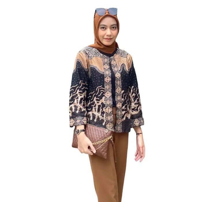 (COD) BATIK TRUSMI OUTER BATIK WANITA MOTIF ABSTRAK KOMBINASI AIMA COKLAT MUSLIM PANJANG TUNIK BAJU
