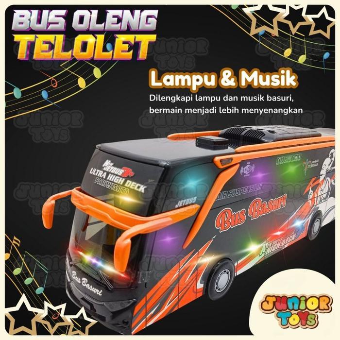 Bus Telolet Basuri Oleng Mainan Anak Bahan Kayu Bunyi Suara Nyala Lampu LED