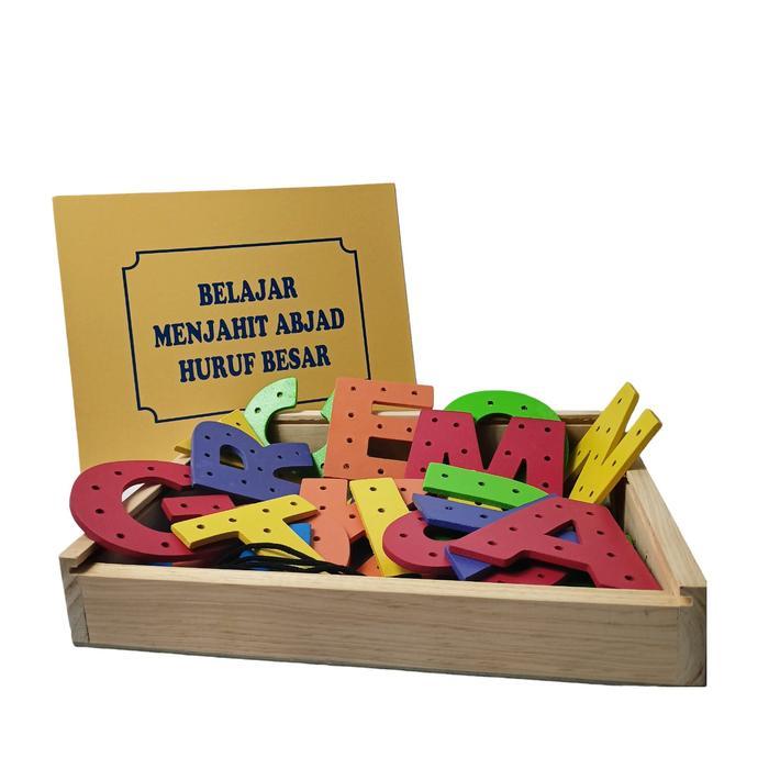 Mainan Edukasi Anak Mainan Kayu Set Menjahit Huruf Abjad Papan Jahit Huruf Tali Montessori Toys