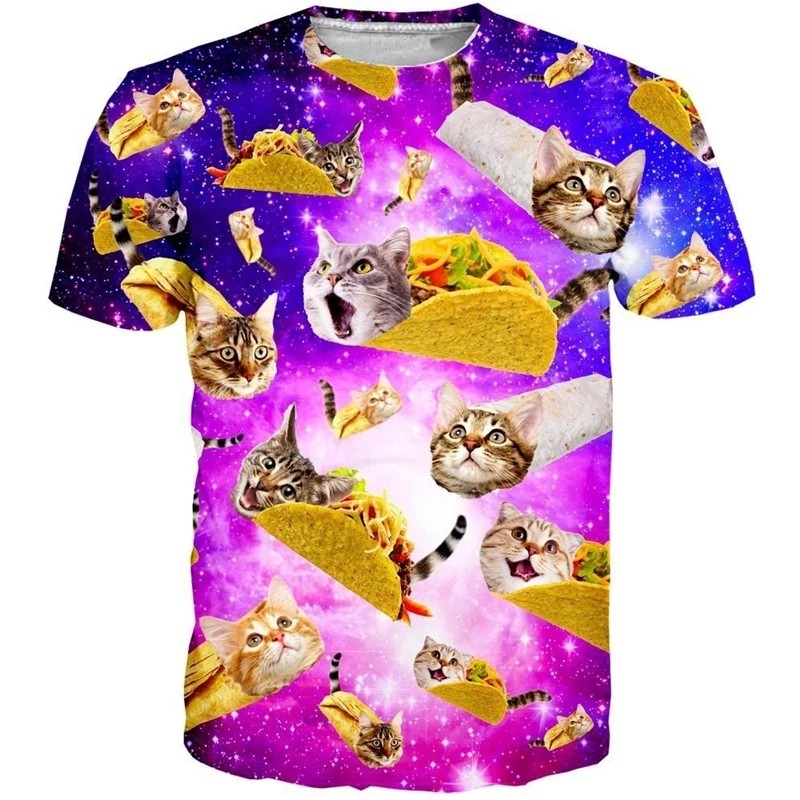Men's and Women's 3D Fun Cat Print Short Sleeved T-shirt with Animal Print Summer T Unisex Urban