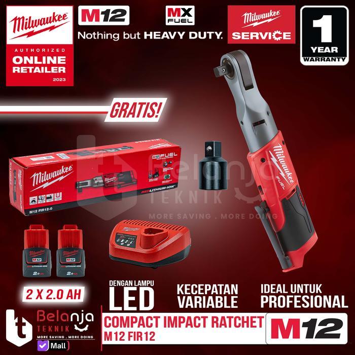 Milwaukee M12 FIR12-202 Kunci Rachet Baterai FIR 12 Cordless Compact Impact Rachet 12V 2.0AH Torsi