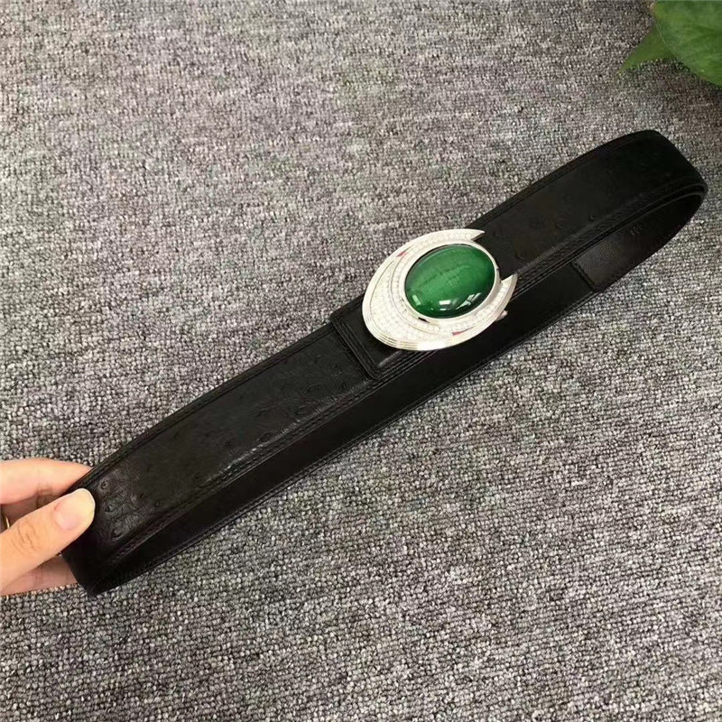 Authentic Real Ostrich Skin Green Diamond Stainless Steel Pin Buckle Men Waist Strap Genuine Exotic