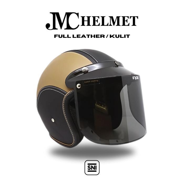 Helm Bogo Retro Dewasa Cokelat Muda Full Leather/ Kulit Kaca Polos Biasa SNI Pria/ Wanita