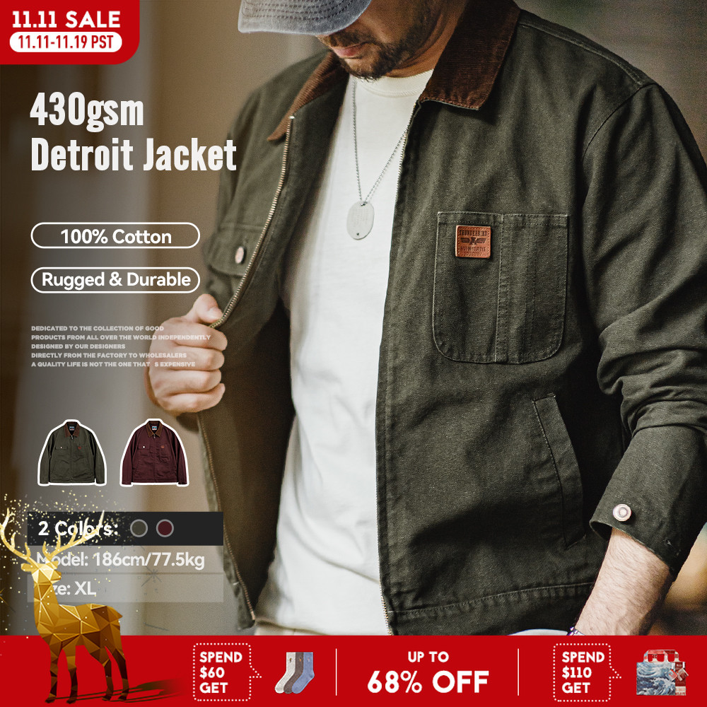 Maden Retro Heavyweight Canvas Detroit Jacket Corduroy Collar Hunting Short Zip-Up Jacket with