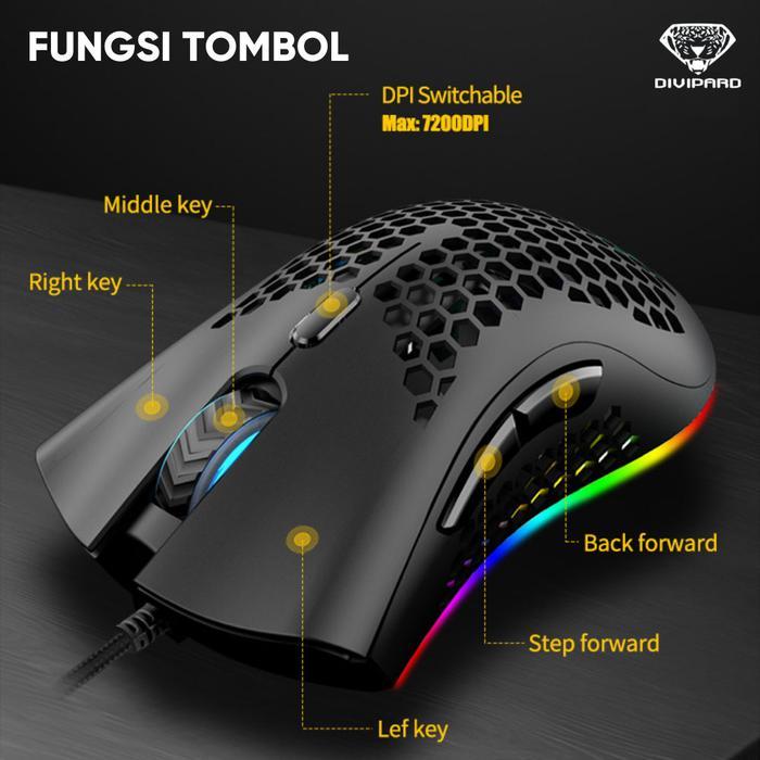 s55h- Mouse Gaming Kabel Divipard G905 Honey Comb Rgb Led Light Premium Design Sarang Lebah