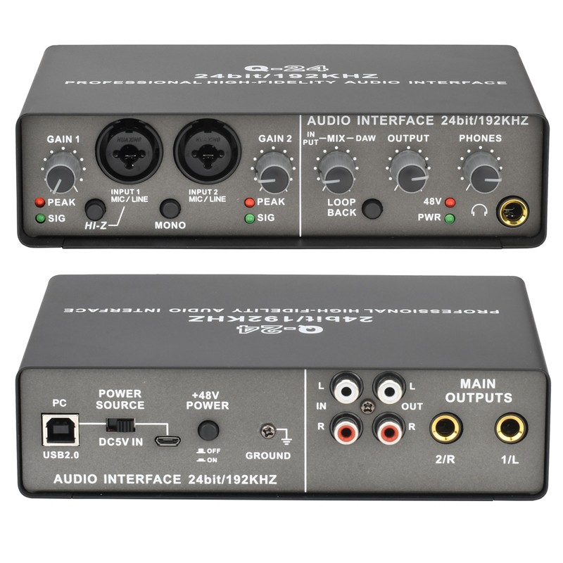 Professional 24Bit 192Khz Audio Interface 2 Input Sound Card For