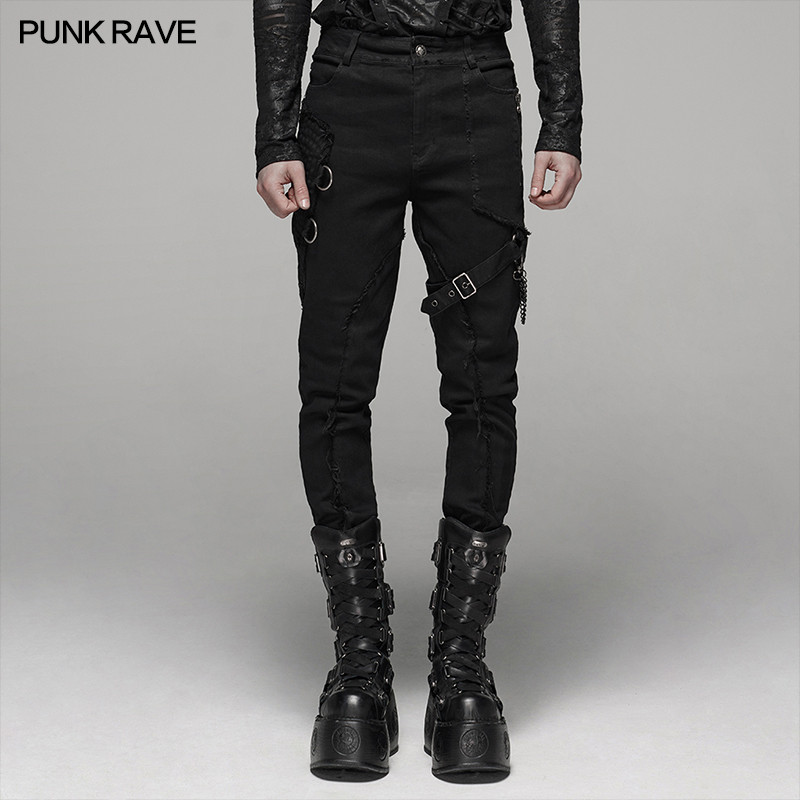 Punk Rave Men'S Punk Black Elastic Wash Long Pants Gothic Fashion