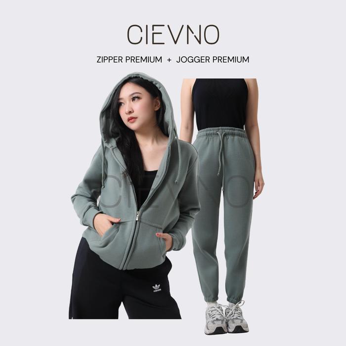 CIEVN0 - ONE SET HOODIE ZIPPER + CELANA JOGER PREMIUM SEAGREEN (PRIA&WANITA)