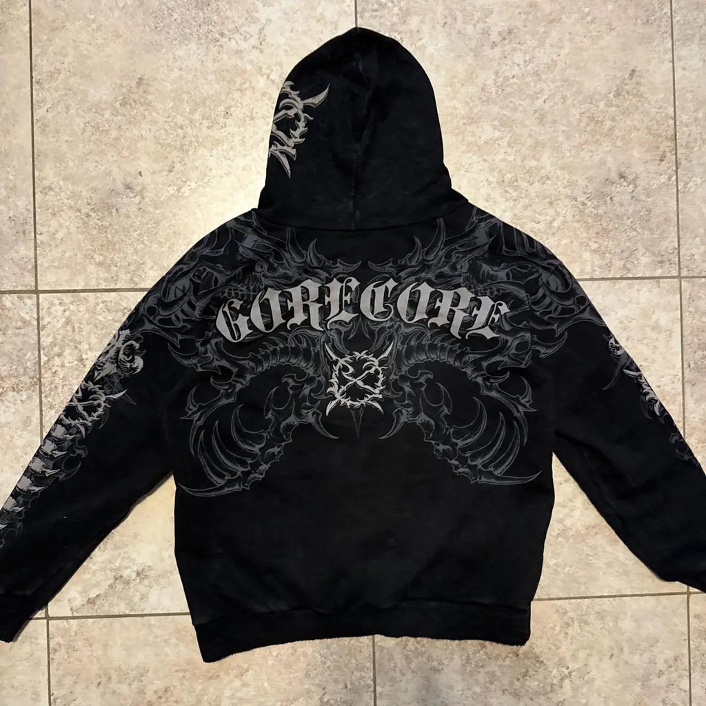Fashion Gothic Skeleton Print Hoodie Men Oversized Vintage 90S Streetwear Zip Jacket Classic Hip Hop