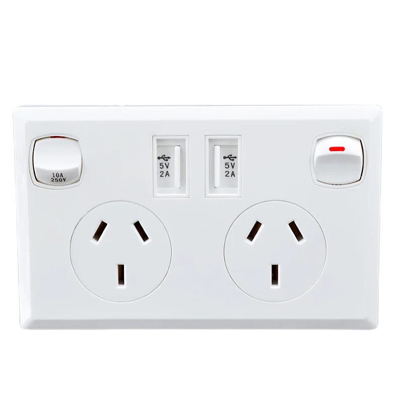 Australian Standard Usb Wall Dual Socket With 2Gang Switch, Au Plug Adapter Mobile Phone Charging