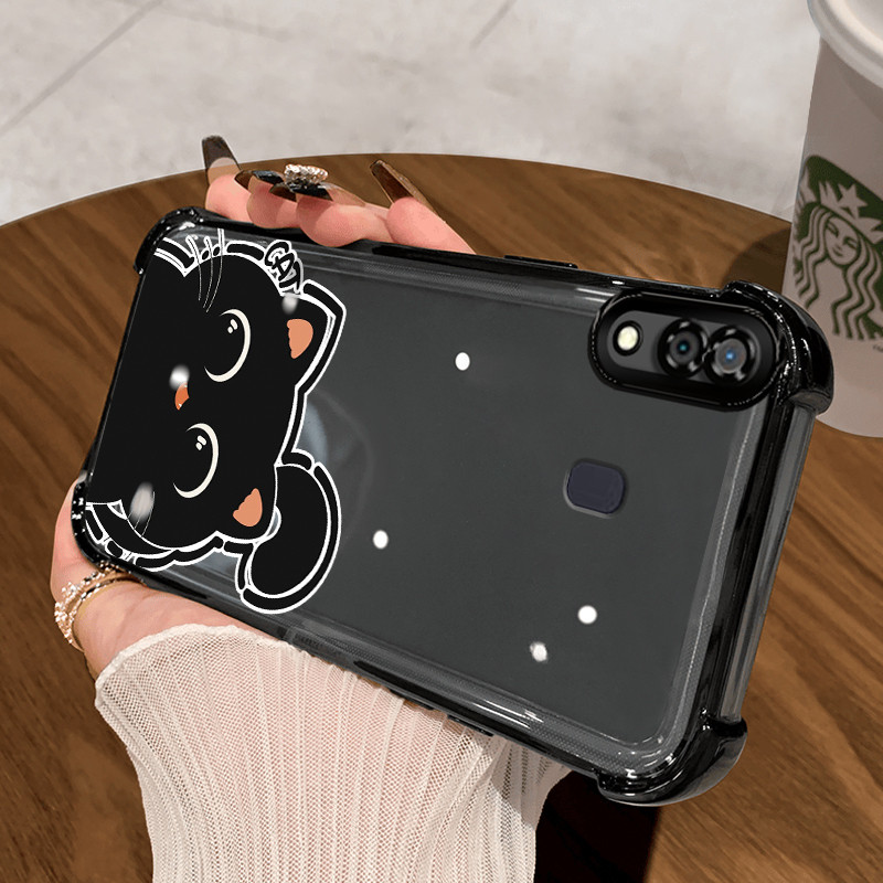 Casing Hp untuk Samsung A30 A20 A21s M10s Case Kucing hitam Kasing Armor Cesing Clear Airbag Bening 