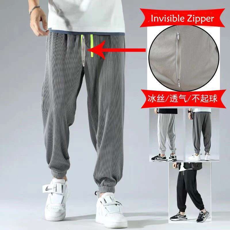 Summer Invisible Zipper Open Crotch Ice Silk Jogger Pants Thin Harem Male Oversized Sportswear
