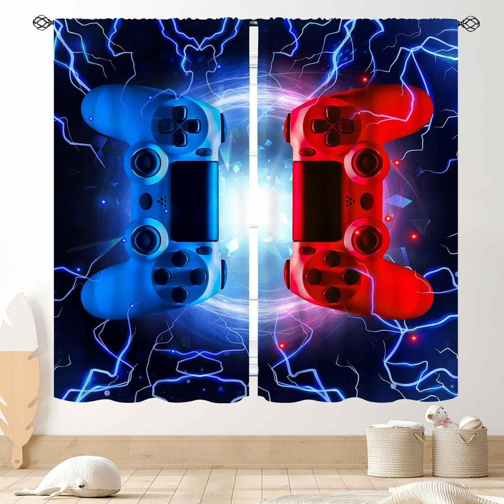 Cooling Gaming Curtains for Boys Room, Blue Red Flash Controller Drapes, Kids Teens Bedroom & Living