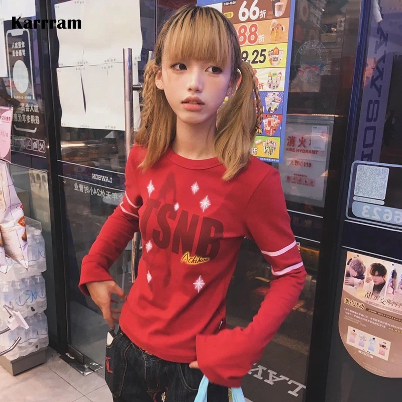 Karrram Japanese Y2K Print T-Shirt Trashy 2000S Style Flare Sleeve To Vintage Harajuku Red Tee Shirt