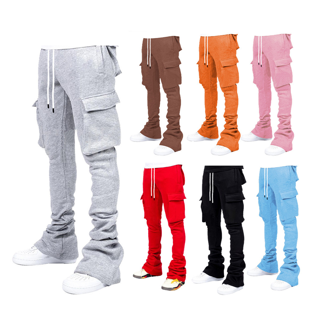 Plus Size Cargo Stacked Pants for Men Fleece Flare Sweat Pants Street Wear Men Pile Up Hiphop Pants