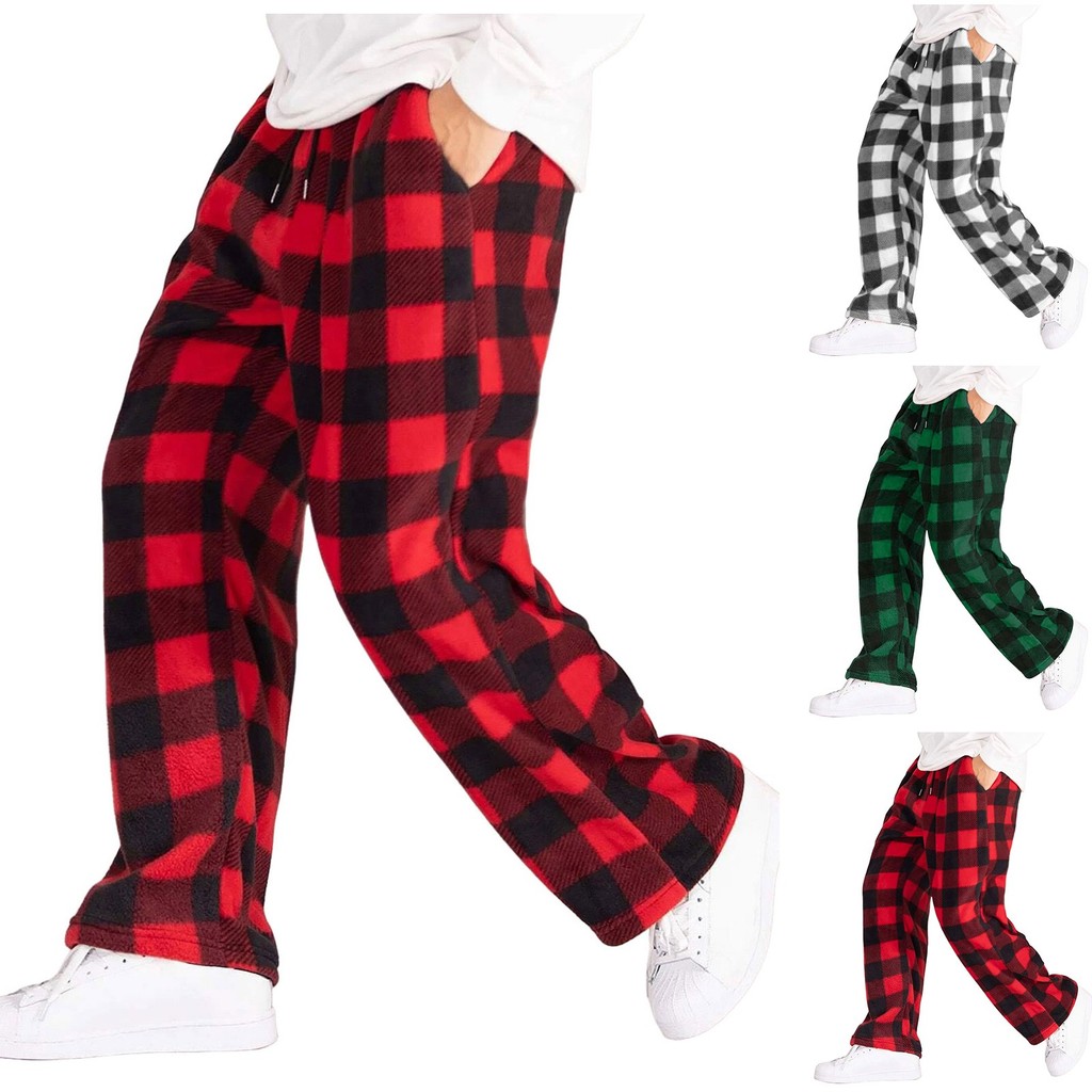 Men'S Red Plaid Pants Winter Warm Fleece Fluffy High Waist Pajama Pants Drawstring Straight Leg Plus