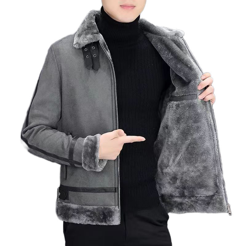 Faux Fur Plush Fleece Lined Jacket Bomber Aviator Flight Coat Men Winter Velvet Jacket Thickened