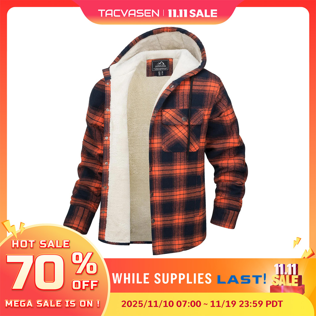 TACVASEN Sherpa Lined Flannel Jacket Mens Heavyweight Hooded Fleece Jacket Thicken Warm Button Down