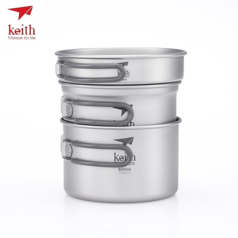 Keith Camping Cooking Set 3-Piece Titanium Pot Frying Pan Portable