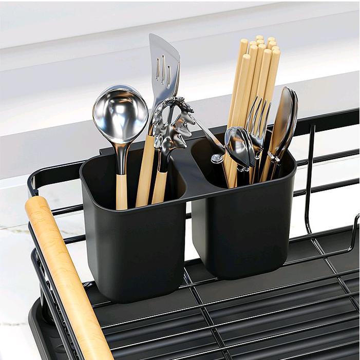 Rak Cuci Piring Stainless Partisi Rapi, Tempat Sendok, Tatakan Penampung Air, Gagang Kayu, Anti
