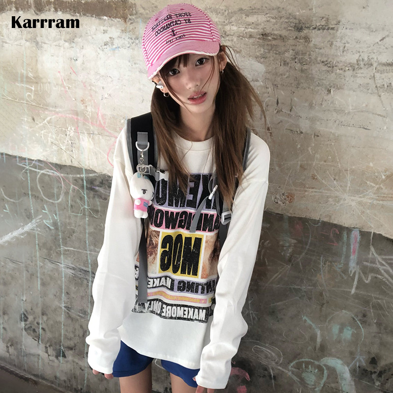 Karrram Japanese Y2k Letter Print T-shirt 2000s Aesthetics Graphic Long Sleeve Tshirt Vintage