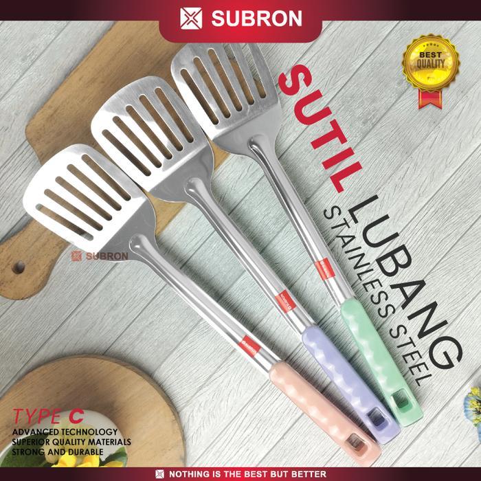 SUBRON Sutil Spatula Centong Sendok Nasi Lubang Non Lubang Stainless Pegangan Plastik Warna Pastel