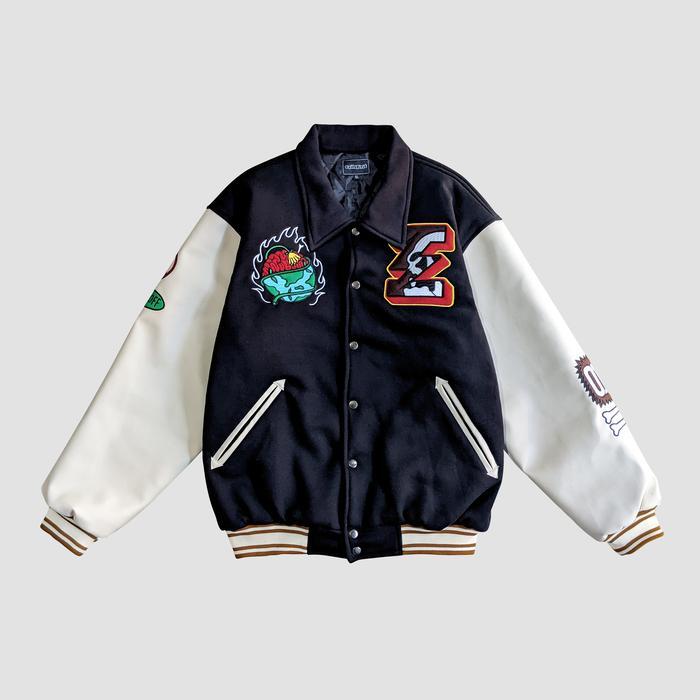 EVILSPIRIT VARSITY - VARSITY ALEXI BLACK UNISEX Leather Pria Jaket Fleece Hitam Baseball Sweater