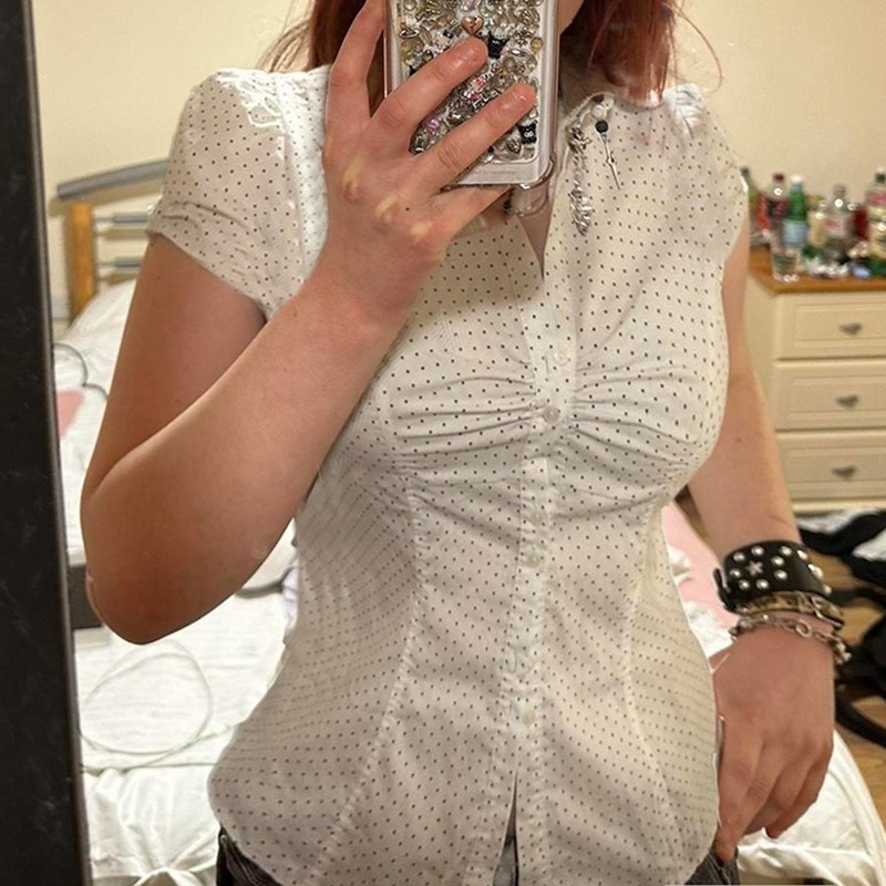 Y2K Aesthetic Grunge Crop To 90S Vintage Cottage Clothes Polka Dot Print Button Down T-Shirt Women