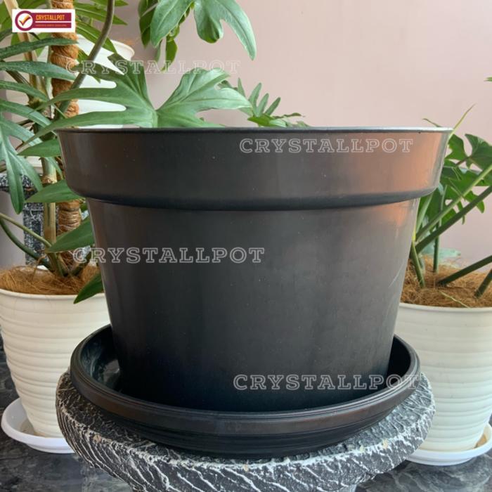 Pot bunga plastik HITAM 35cm+tatakan bawah