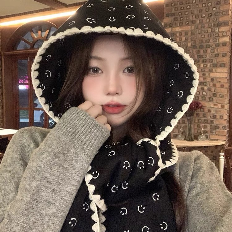 Syal Hoodie Rajut Cetak Smiley - Scarf Penutup Telinga Hangat Unisex Musim Dingin - Bahan Katun Lemb