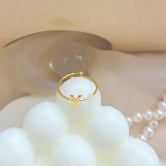 mhrr- Sat.10 Cincin Huruf Abjad Adjustable Bahan Titanium Berlapis Emas Tidak Mudah Longgar