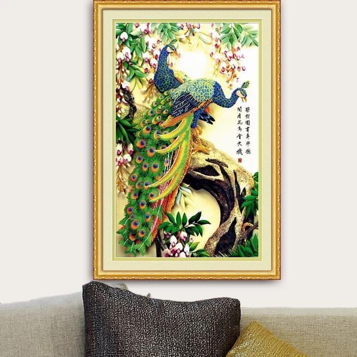 Diamond Painting Full merak hijau sepasang 50 x 80 cm Paket DIY Kit Vertikal Lukisan Fengshui D031F