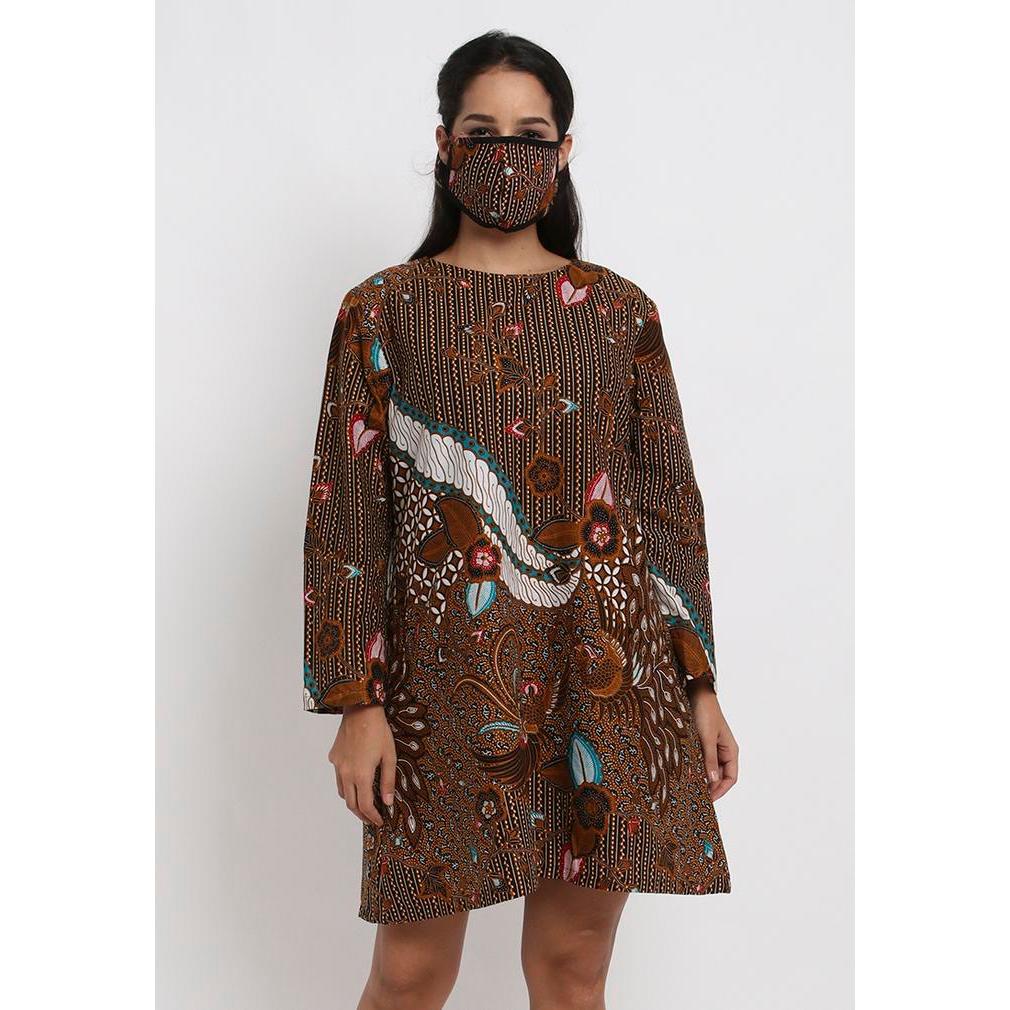 (COD) TUNIK DRESS BATIK DAN TENUN WANITA ADARA SET BROWN TANPA MASKER