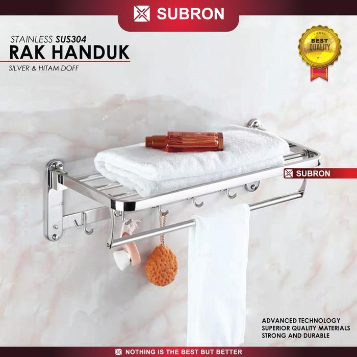 SUBRON Rak Tempat Handuk Lipat Stainless SUS304 Silver Hitam Doff 5 Kait Hook Gantung Kamar Mandi