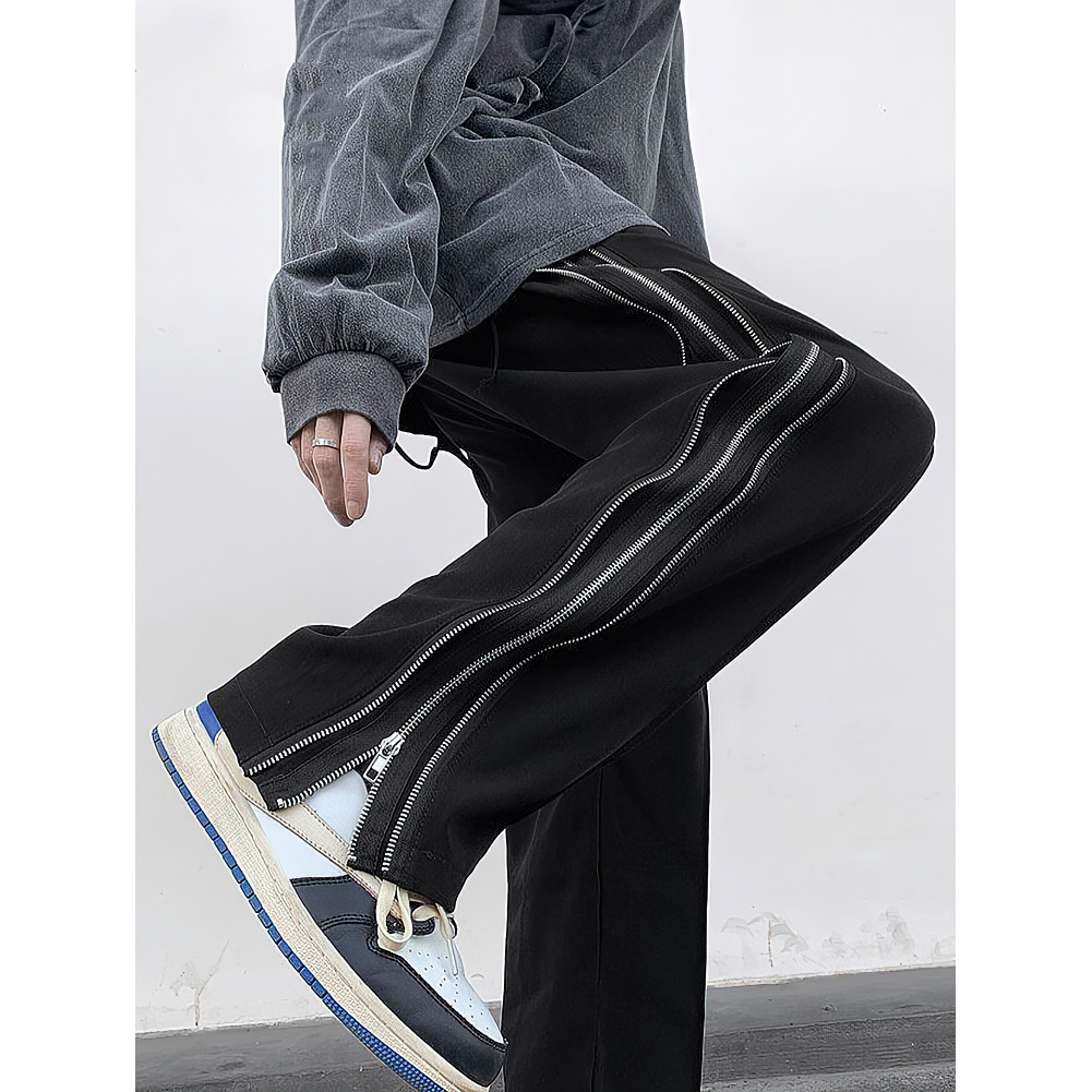 Streetwear Side Split Zipper Loose Casual Straight Pants Men Outdoor Y2k Black Parachute Long