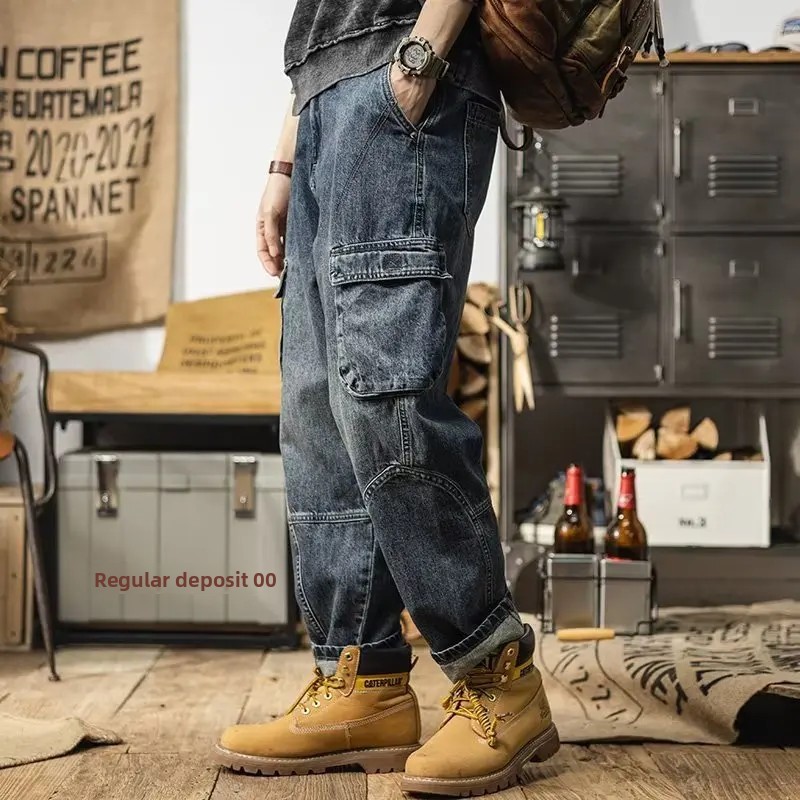 Loose Men's Straight Leg Jeans Cone Shape Workwear Trousers Wear Resistant Washed Denim Casual Pants