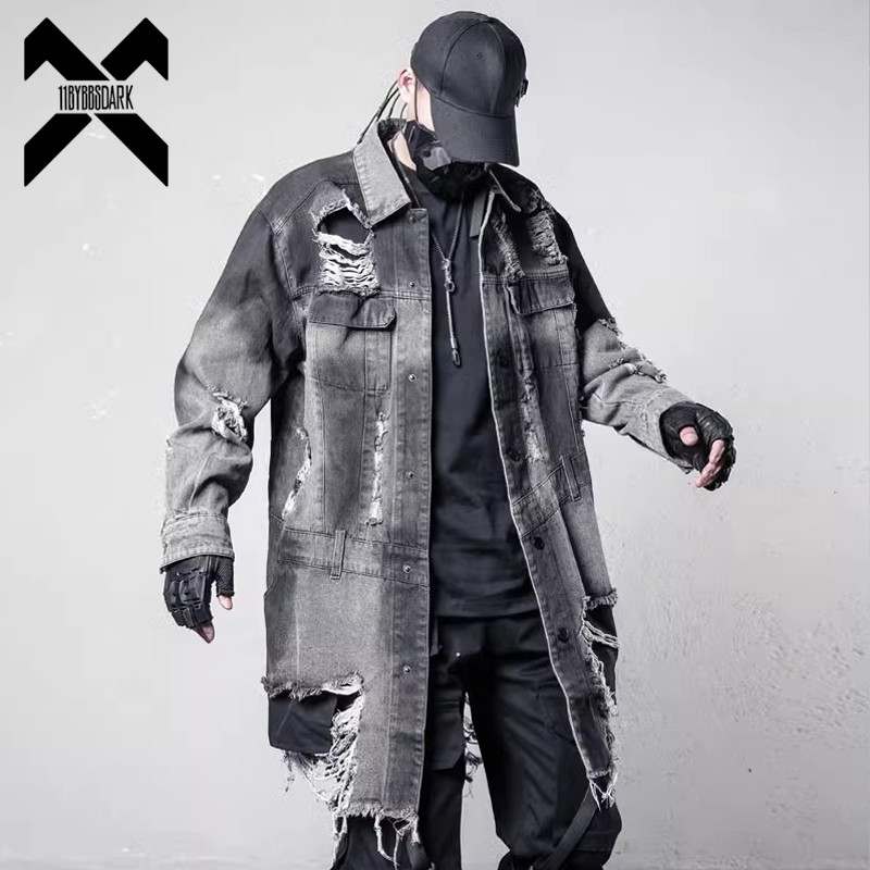 Vintage Ripped Hole Long Denim Jacket Mens Punk Distressed Denim Long Sleeve Shirt Coats 2025 Hip
