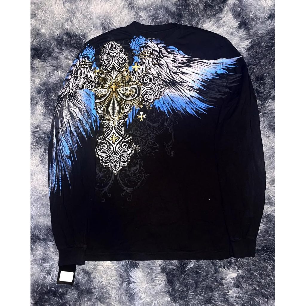 Y2K Affliction Long sleeved T shirt Fashion Round Neck Oversized T shirt Men Big Wing Printing