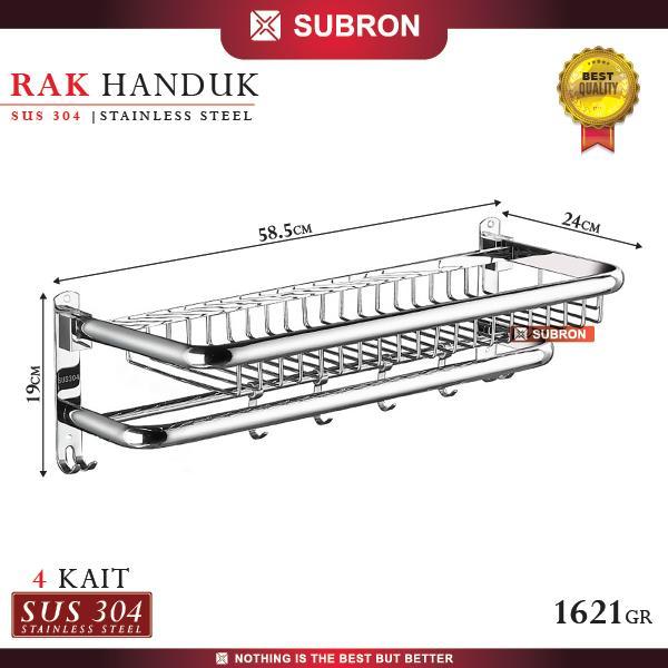 SUBRON SUS 304 Rak Dinding Kamar Mandi 4 Kait Tempat Penyimpanan Handuk Baju Multifungsi Stainless