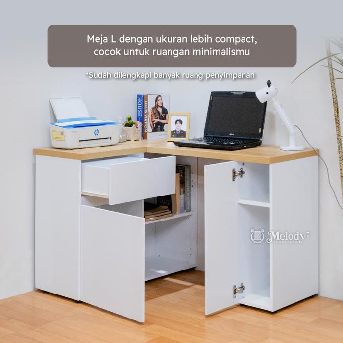 Melody Furniture - Meja Kerja Sudut Meja Belajar Tipe L Minimalis Modern Libre 127 E White