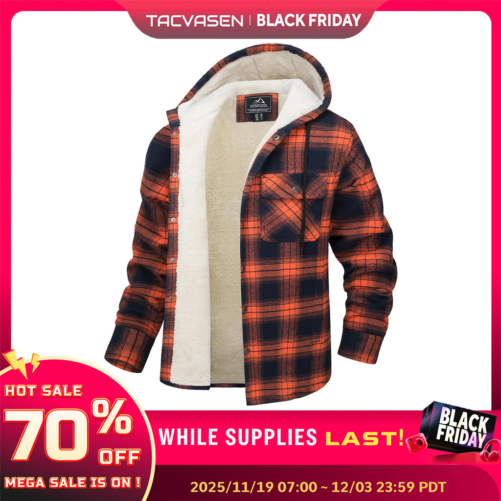Tacvasen Sherpa D Flannel Jacket Mens Heavyweight Hooded Fleece Jacket Thicken Warm Button Down